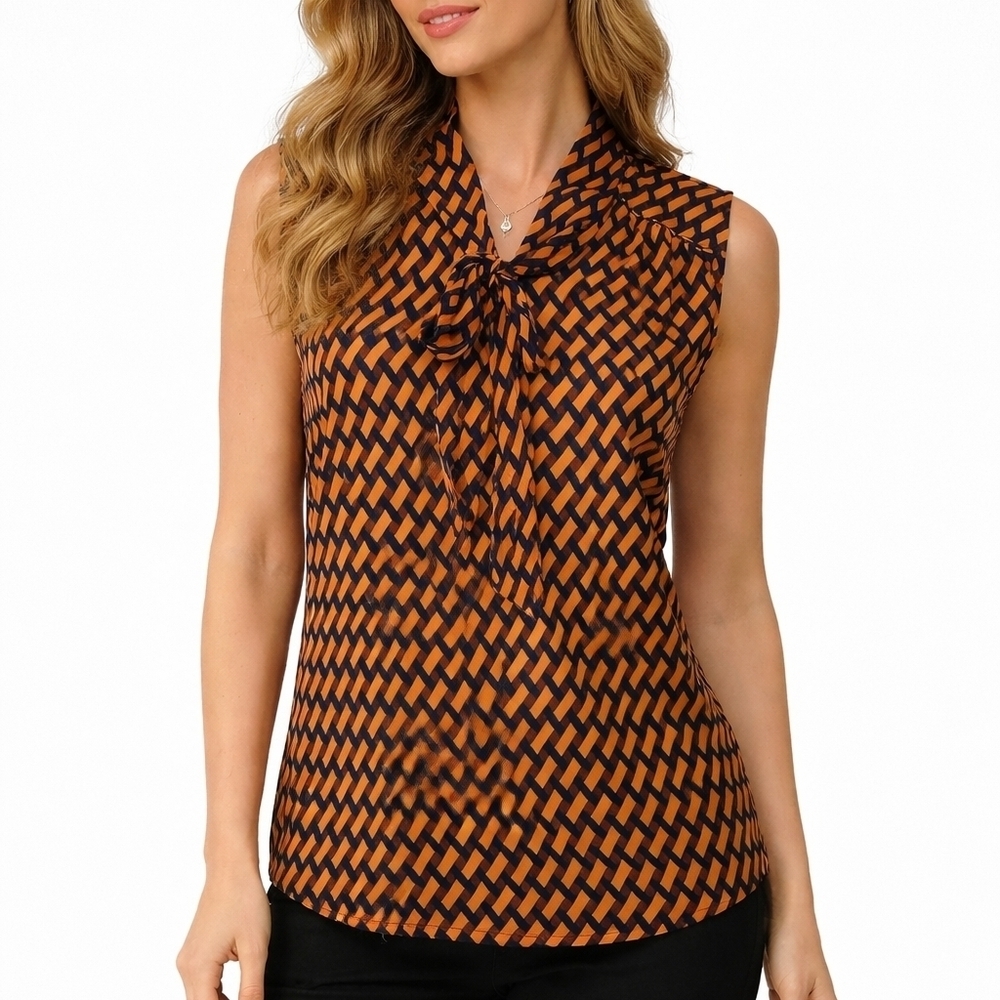 Vtg JM STUDIO Satin Geometric Basketweave Tie Neck Sleeveless Shell Top